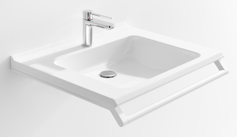 Barrierefreier Waschtisch mit Haltegriff in der Farbe Weiß matt aus Edelstahl und Einhebelarmatur Chrom mit weißem Griffelement aus Polyamid