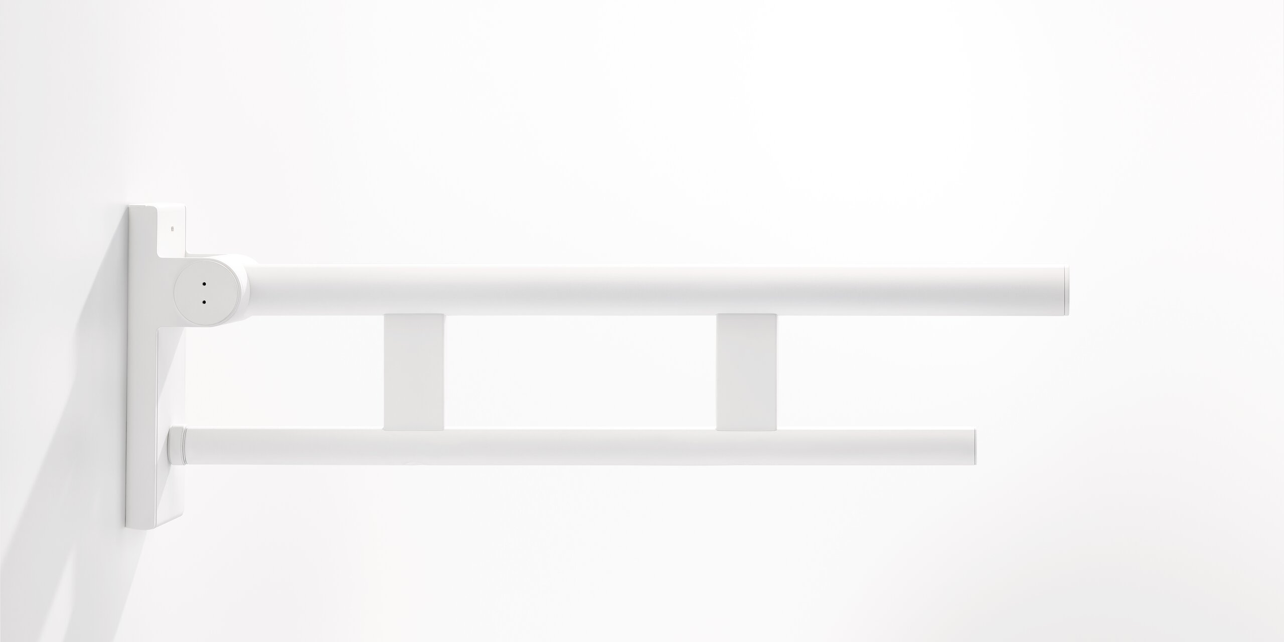 Barre d'appui pliante avec deux montants, couleur blanc mat, en acier inoxydable