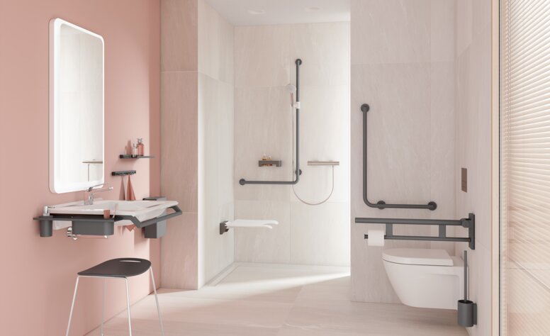 HEWI Série 900 Anthracite mat Salle de bain accessible avec lavabo, espace douche et WC
