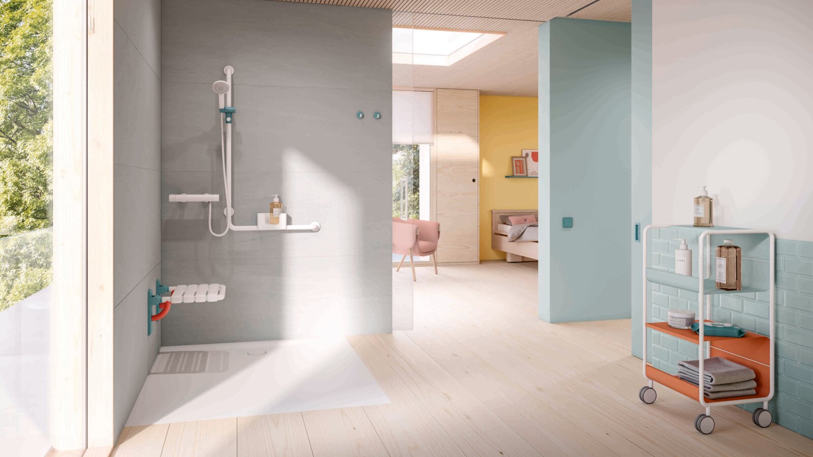 HEWI Série 477/801 ICONIC Espace douche accessible d'une chambre de patient